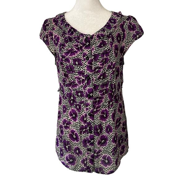 Milly purple, black & white floral button front cap sleeve silk top size 8 - Picture 1 of 12
